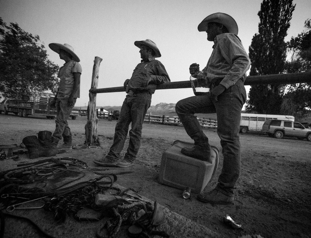 Three men barter for gear at the Twin Creek Ranch, located around 200 miles north of Las Vegas on Tuesday, June 3, 2014. We don't have any money so we have to trade said one cowboy.
(Jeff Scheid/L ...