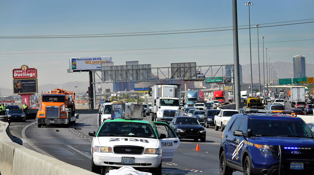 A motorcyclist died after hitting a wall and getting thrown into traffic on Interstate 15 near the Charleston Boulevard exit on Wednesday, June 4, 2014, according to the Nevada Highway Patrol. (Da ...
