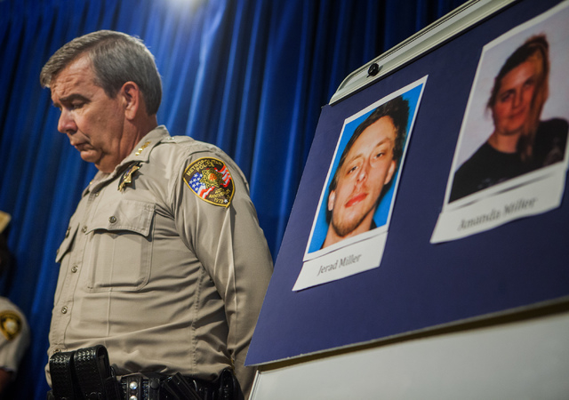 Clark County Sheriff Doug Gillespie during a press conference at Metro Police Department on Monday, June , 2014. To the right are photos of the shooting suspects, Jerad and Amanda Miller. Officers ...