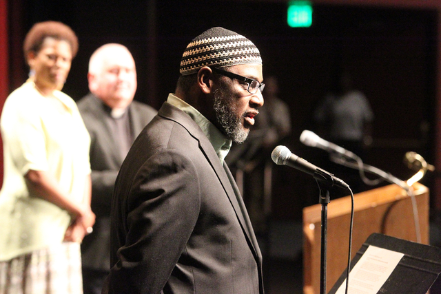 Imam Hanafi Shakur of Masjid As-Sabur gives the opening prayer for the second community convention of the Nevadans for the Common Good at Cashman Center Tuesday, May 13, 2014. The event built on t ...