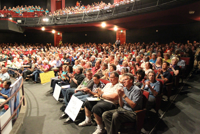 Southern Nevada faith communities and nonprofit organizations cheer when their groups are recognized during the second community convention of the Nevadans for the Common Good at Cashman Center Tu ...