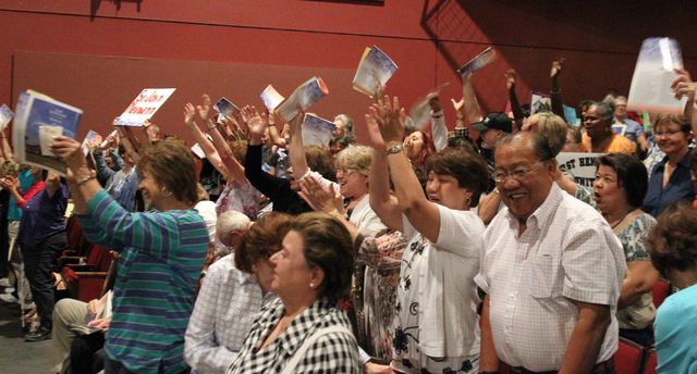 Southern Nevada faith communities and nonprofit organizations cheer when their groups are recognized during the second community convention of the Nevadans for the Common Good at Cashman Center Tu ...