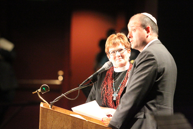 The Rev. Dr. Marta Poling-Goldenne of New Song Lutheran Church, left, and Rabbi Malcolm Cohen of Temple Sinai, speak during the second community convention of the Nevadans for the Common Good at C ...