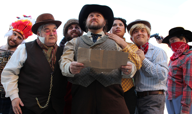 The cast of “Oregon Trail: The Play” hits the trail to comedy in Table 8 Productions’ spoof of the popular video game, to be presented at the 2014 Vegas Fringe Festival. (Courtesy)