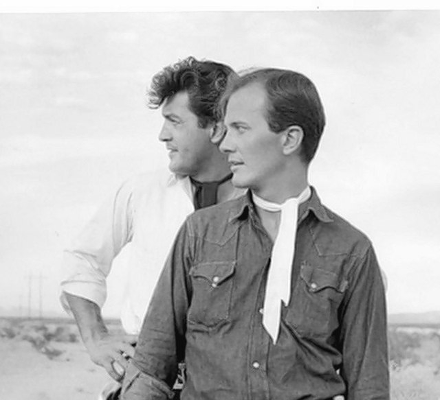 Nelson Sardelli, left, and Pat Boone posed as gunslingers for photographs in the desert near Las Vegas in the 1960s. (Courtesy)