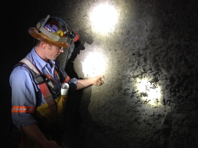 Cortez Hills underground mining engineer Matt Wilson explains how sprayed on concrete is used to reinforce the tunnels where gold ore is being mined at the property 70 miles southwest of Elko. (Se ...