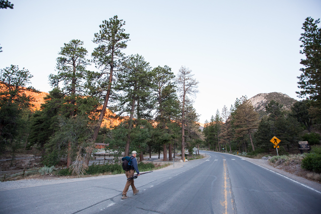 Fred Bell carries his sound recording equipment before hiking up Fletcher Canyon at Mount Charleston on Thursday, June 19, 2014. Bell goes to various areas to record the sounds of nature, usually ...