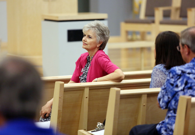 Sandy Varney speaks during a Nevadans for the Common Good meeting at Desert Springs United Methodist Church, located at 120 N. Pavilion Center Drive, Sunday, June 1, 2014, in Las Vegas. Nevadans f ...