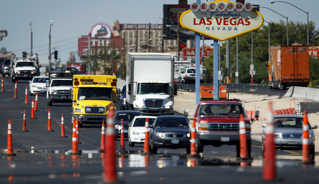 Motorists maneuver through traffic cones in a construction zone on Boulder Highway near the divide between the cities of Las Vegas and Henderson. (John Locher/Review-Journal File)