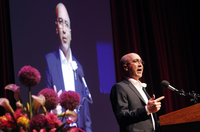 Perry Rogers speaks during the memorial service for his father, the late Jim Rogers, at Ham Concert Hall at UNLV in Las Vegas on Saturday, June 21, 2014. (Jason Bean/Las Vegas Review-Journal)
