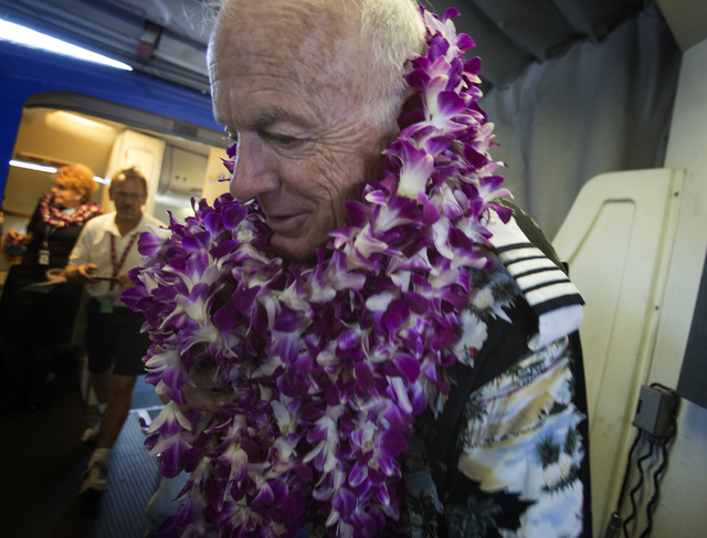 Southwest Airline  pilot Capt. Fred Sorenson leaves the cockpit at  McCarran International Airport after making his final flight with the airlines  on Wednesday, June 11 , 2014.  Sorenson, known   ...