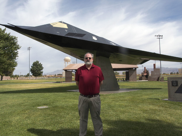 Jerry White, 99th Air Base Wing historian, stands in front of an F-117A stealth fighter at Freedom Park at Nellis Air Force Base in Las Vegas, Monday, June 24, 2013. (Jerry Henkel/Las Vegas Review ...