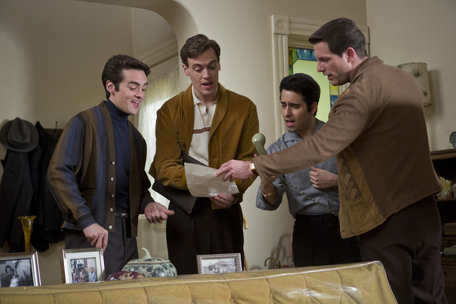 Vincent Piazza stars as Tommy DeVito, from left, Erich Bergen as Bob Gaudio, John Lloyd Young as Frankie Valli and Michael Lomenda as Nick Massi in “Jersey Boys.”  (Keith Bernstein/Warner Bros ...