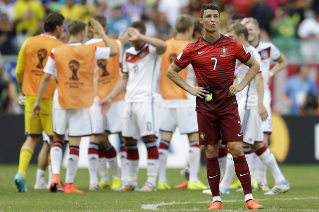 Portugal star Cristiano Ronaldo, shown Monday following a 4-0 loss to Germany in a World Cup Group G match at Salvador, Brazil, this year gained his second FIFA player of the year award. (AP Photo ...
