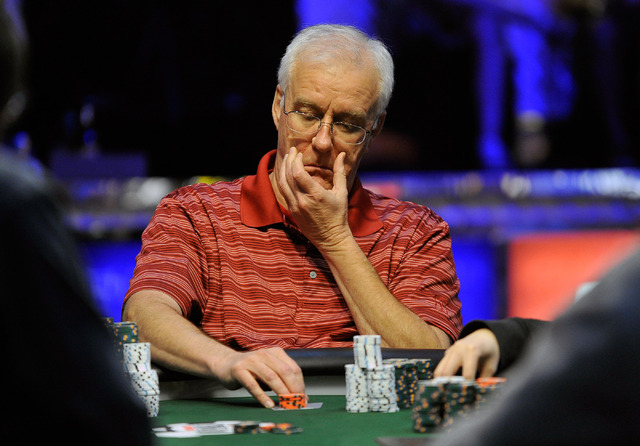 James Duke, of Houston, Texas, ponders his bet during the final table of the Millionaire Maker event at the World Series of Poker tournament at the Rio hotel-casino on Tuesday, June 3, 2014. (Davi ...