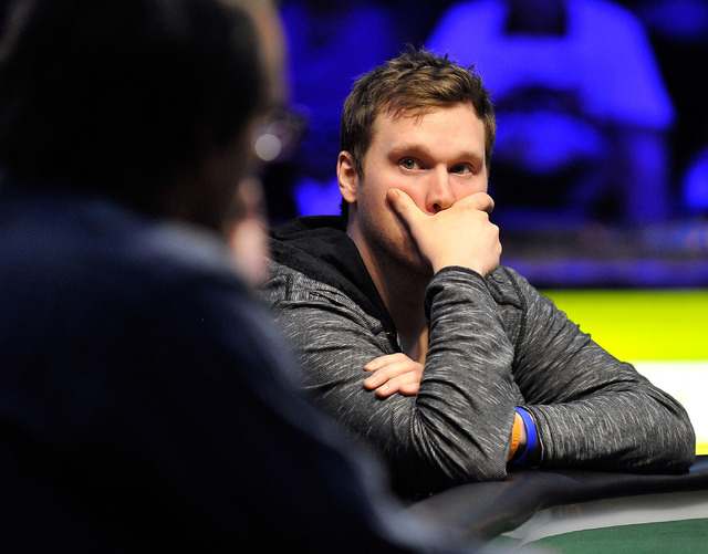 Brad Anderson, of Missoula, Mont., looks on during the final table of the Millionaire Maker event at the World Series of Poker tournament at the Rio hotel-casino on Tuesday, June 3, 2014. (David B ...