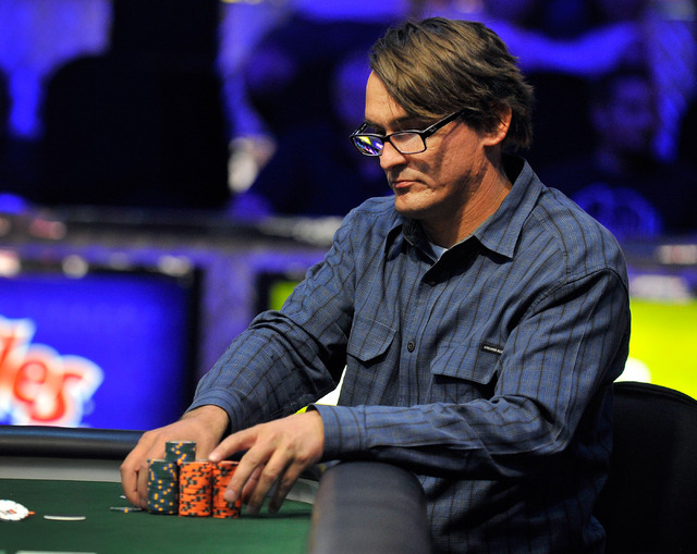Jeff Coburn, of Chino Hills, Calif., pushes all in during the final table of the Millionaire Maker event at the World Series of Poker tournament at the Rio hotel-casino on Tuesday, June 3, 2014. ( ...