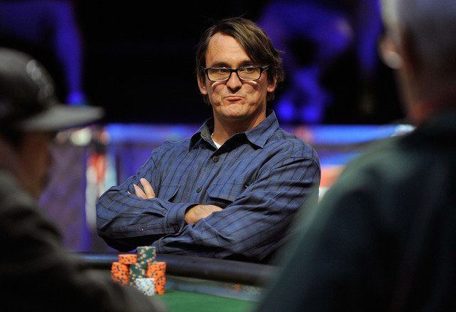 Jeff Coburn, of Chino Hills, Calif., looks on during the final table of the Millionaire Maker event at the World Series of Poker tournament at the Rio hotel-casino on Tuesday, June 3, 2014. (David ...