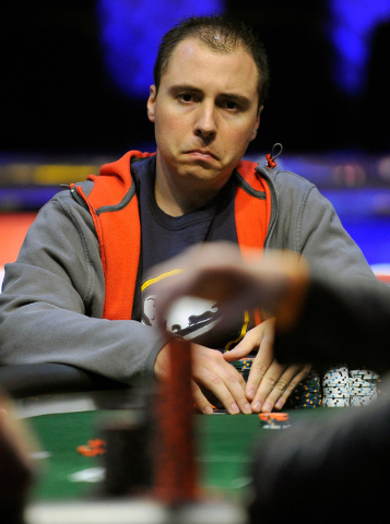Jonathan Dimmig, of Amherst, N.Y., ponders his bet during the final table of the Millionaire Maker event at the World Series of Poker tournament at the Rio hotel-casino on Tuesday, June 3, 2014. ( ...