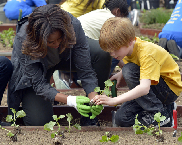 FILE - This April 2, 2014 file photo shows first lady Michelle Obama and Bancroft Elementary School student Silas Stutz planting broccoli in the White House Kitchen Garden in Washington. First lad ...