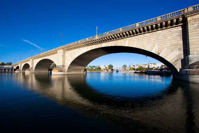 This file photo shows London Bridge, which spans the Colorado River at Lake Havasu City, Ariz. (AP Photo/Courtesy of the Lake Havasu City Convention and Visitors Bureau)
