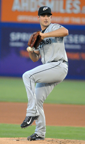 Former Bishop Gorman and College of Southern Nevada ace Donn Roach pitches for the El Paso Chihuahuas against the Las Vegas 51s at Cashman Field, Thursday, July 30, 2014, (Jerry Henkel/Las Vegas R ...