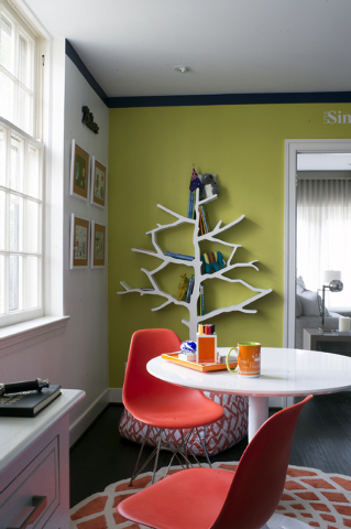John McDonnell/The Washington Post
The playroom created by Katherine Vernot-Jonas for this year’s D.C. Design House included this playful tree-shaped unit to display children’s books and toys.