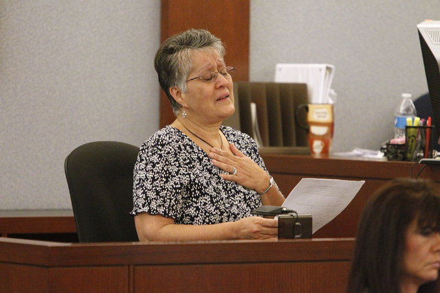 Elsie Narvaez reads a letter to the court during the sentencing hearing of her daughter's murderer Jason Griffith at the Regional Justice Center in Las Vegas Wednesday, July 23, 2014. Griffith was ...