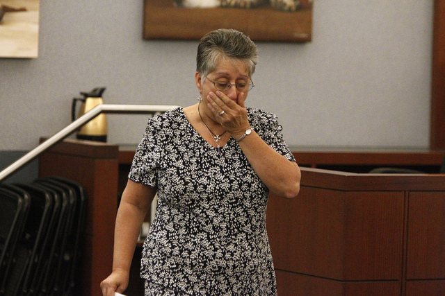 Elsie Narvaez walks away after reading a letter to the court during the sentencing hearing of her daughter's murderer Jason Griffith at the Regional Justice Center in Las Vegas Wednesday, July 23, ...