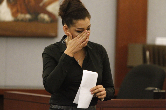 Celeste Flores Narvaez walks away after reading a letter to the court during the sentencing hearing of her sister's murderer Jason Griffith at the Regional Justice Center in Las Vegas Wednesday, J ...