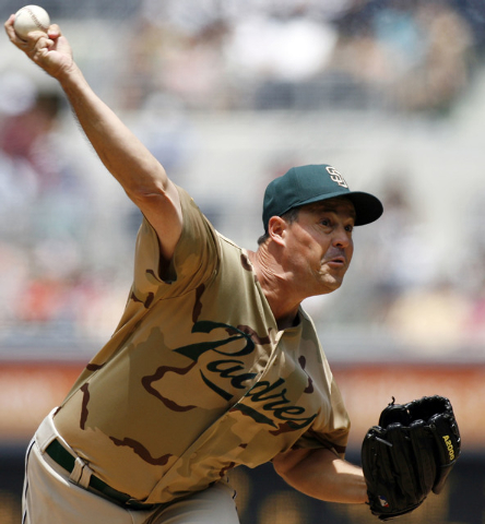 San Diego Padres Greg Maddux delivers during the first inning of a baseball game against the San Francisco Giants Sunday, Aug. 3, 2008 in San Diego. (AP Photo/Denis Poroy)