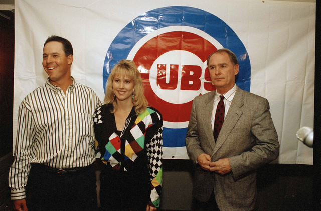 Chicago Cubs pitcher Greg Maddux, left, and wife Kathy talk to reporters at Wrigley Filed in Chicago after Maddux was named the winner of the 1992 National League Cy Young Award, Nov. 11, 1992. (A ...