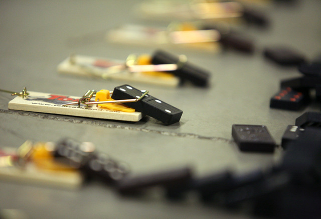 A domino demonstration is shown after the dominoes have fallen during a news conference at Nevada Policy Research Institute Tuesday, July 22, 2014, in Las Vegas. The 3,610 dominoes, which were pla ...