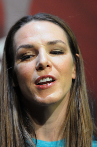 Mixed martial artist Alexis Davis is interviewed during media day at Mandalay Bay Events Center in Las Vegas Thursday, July 3, 2014. Davis is slated to face Ronda Rousey, Ultimate Fighting Champio ...
