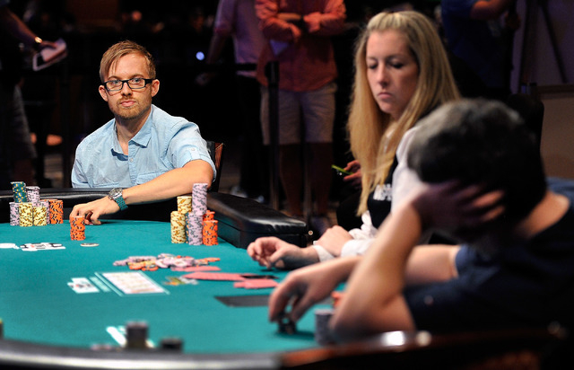 Martin Jacobson, left, stares down Andrey Zaichenko during day 7 action of the World Series of Poker Main Event at the Rio hotel-casino on Monday, July 14, 2014. (David Becker/Las Vegas Review-Jou ...