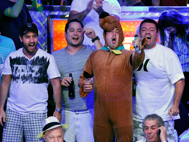 Fans of Bruno Politano cheer from the stands during day 7 of the World Series of Poker Main Event at the Rio hotel-casino on Monday, July 14, 2014. (David Becker/Las Vegas Review-Journal)