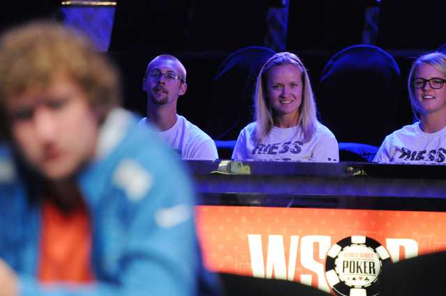 Ryan Riess, from left, 2013 World Series of Poker champion, plays a match as his family members watch, his brother-in-law Zac Lizotte, his sister Emily Lizotte, and his girlfriend Tabitha Trask, d ...
