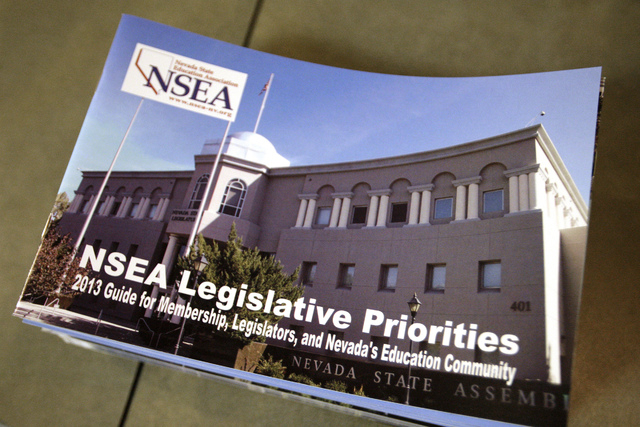 A packet of Nevada State Education Association legislative priorities is seen at a press conference at NSEA headquarters in Las Vegas on Thursday, Jan. 31, 2013. Today the Nevada Supreme Court uph ...