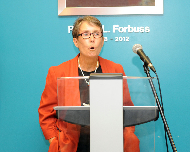 Margaret "Peg" Rees, vice provost for educational outreach at UNLV, speaks at the ribbon-cutting event signifying a partnership between City of Las Vegas, The Center and UNLV at The Center in down ...