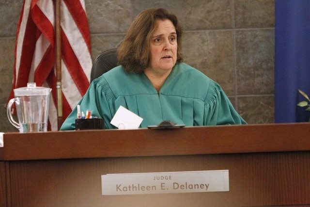 District Judge Kathleen Delaney listens during the sentencing hearing of Jason Griffith at the Regional Justice Center in Las Vegas Wednesday, July 23, 2014. Delaney sentenced Griffith 10 years to ...