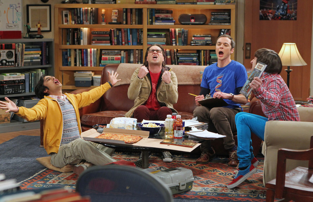 This publicity image released by CBS shows, from left,  Kunal Nayyar, Johnny Galecki, Jim Parsons and Simon Helberg in a scene from "The Big Bang Theory." The studio that produces The Big Bang The ...