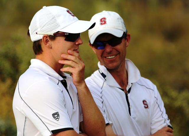 Assistant coach Philip Rowe, right, talks with Stanford golfer David Boote at the Pac-12 conference
championships in April. Rowe has joined the UNLV golf staff. (Courtesy Stanford sports information)