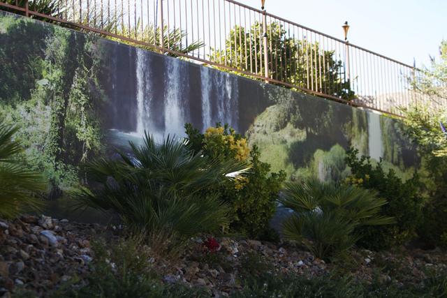 Erik Verduzco/Las Vegas Review-Journal
A waterfall scene print created by Wall Sensations decorates a backyard wall at the Summerlin home of Roger Weaver.