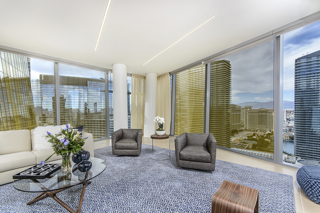 Courtesy photo 
Unit 3106 in Veer Towers was designed by Lee Bryan Interior. The high-rise condo measures 1,788 square feet and features a living room with a view of the Strip's Bellagio fountains.