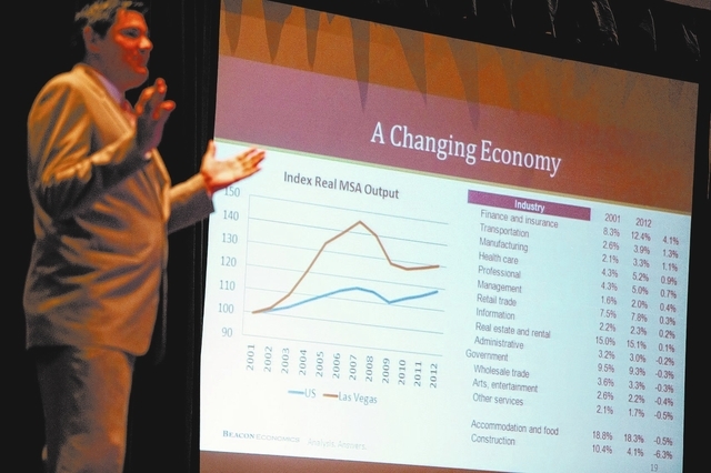 Economist Christopher Thornberg of Beacon Economics, LLC gives a presentation on the economic outlook for 2014 during City National Bankճ Economic Forecast and Market Update on Wednesday, Feb. 19 ...