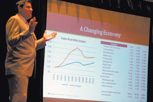 Economist Christopher Thornberg of Beacon Economics, LLC gives a presentation on the economic outlook for 2014 during City National Bank's Economic Forecast and Market Update on Wednesday, Feb. 19 ...