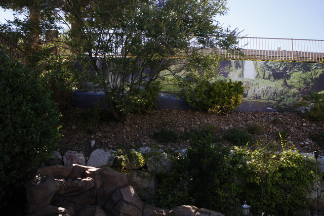A waterfall scene print created by Wall Sensations decorates a backyard wall at the home of Roger Weaver in Las Vegas Friday, Aug. 15, 2014. (Erik Verduzco/Las Vegas Review-Journal)