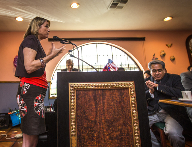 Nevada Treasurer Kate Marshall, a Democrat running for secretary of states, speaks during the Hispanics in Politics group breakfast at Dona Maria Tamales Restaurant,
910 South Las Vegas Boulevard  ...
