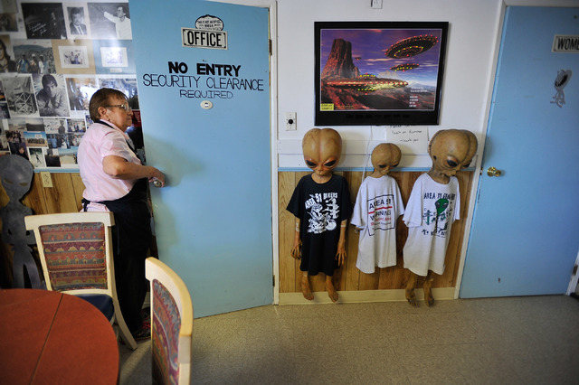Pat Travis, owner of the Little A'Le'Inn in Rachel, Nev., opens her office door on Tuesday, Aug. 5, 2014. Travis has owned the bar, restaurant and motel for over 20 years and which is a favorite s ...