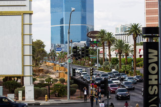 The land where the New Frontier hotel-casino once stood is seen on left adjacent to Las Vegas Boulevard, north of Spring Mountain Road in Las Vegas on Thursday, July 31, 2014. (Chase Stevens/Las V ...